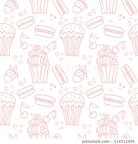 Sweet cake pastel seamless pattern with desserts. Macaroon, muffin, pudding, cake with cherry and strawberry fruit. Hand drawn vector background for textile, fabric, scrapbook or wallpaper Sweet cake pastel seamless pattern with desserts. Macaroon, muffin, pudding, cake with cherry and strawberry fruit. Hand drawn vector background for textile, fabric, scrapbook or wallpaper 114512095