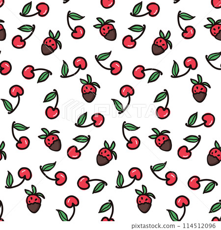 Cherry and strawberry fruit seamless pattern. Summer berries, fruits with leaves, vector background. Hand drawn doodle illustration for cover, fabric, wallpaper texture, backdrop, wedding invitation. 114512096