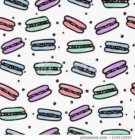 Macaroon seamless pattern with sweet food. Hand drawn colorful cake vector illustration background for surface design, textile, fabric, scrapbook or wallpaper 114512097