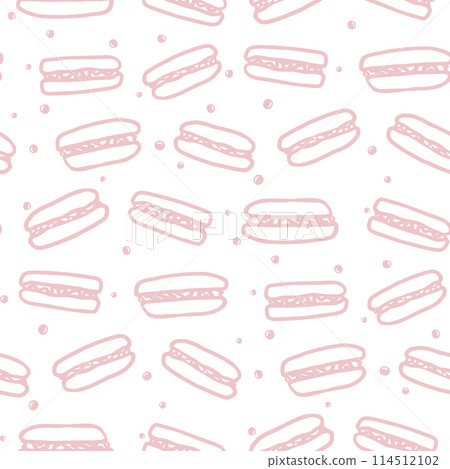 Macaroon seamless pattern with sweet food. Hand drawn colorful cake vector illustration background for surface design, textile, fabric, scrapbook or wallpaper 114512102