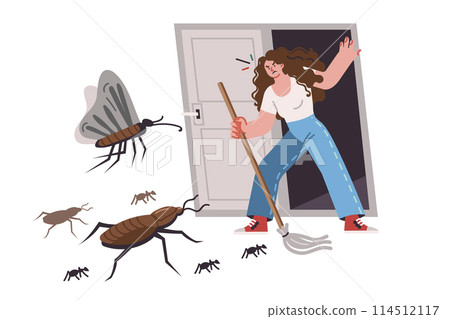 Insects and pests attack woman trying to enter apartment after thorough cleaning or disinfection 114512117