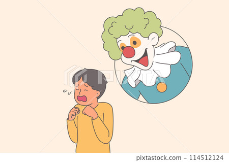 Hysterical behavior of little boy, seeing clown and frightened due to coulrophobia Hysterical behavior of little boy, seeing clown and frightened due to coulrophobia 114512124