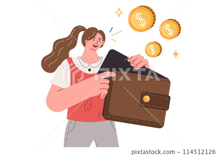 Wallet in hand woman considering own budget for financial planning and accounting for expenses 114512126