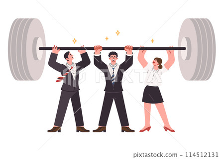 Team of business people lift barbell together, demonstrating unity and synergy in achieving goal 114512131