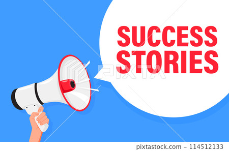 Success stories. Hand hold megaphone speaker for announce. Attention please. Shouting people, advertisement speech symbol 114512133