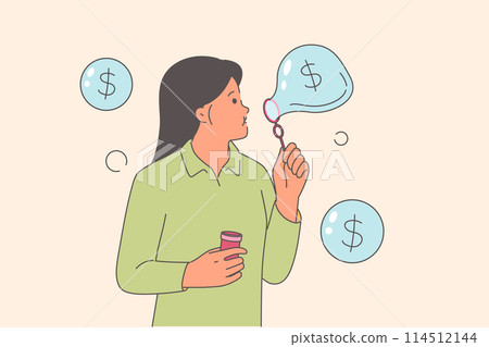 Woman blowing financial bubbles as metaphor for creating money from air or unreliable investments Woman blowing financial bubbles as metaphor for creating money from air or unreliable investments 114512144