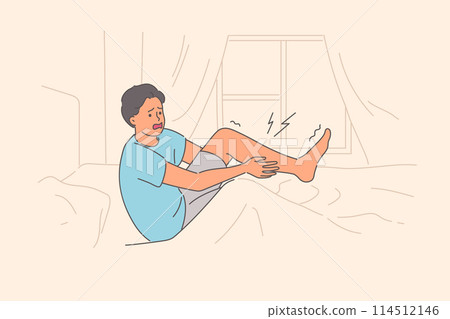 Severe pain or spasm in leg woke up man, making suffering grimace as rose from bed 114512146