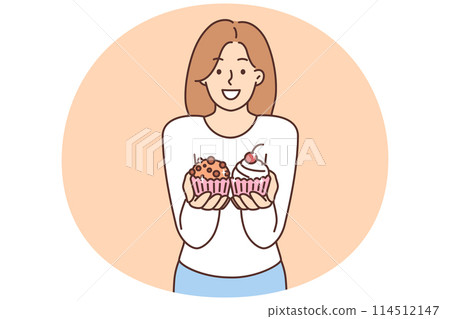 Smiling woman offer cupcakes Smiling woman offer cupcakes 114512147