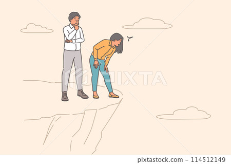 Business dead end for office employees standing near cliff and wondering how to overcome abyss Business dead end for office employees standing near cliff and wondering how to overcome abyss 114512149