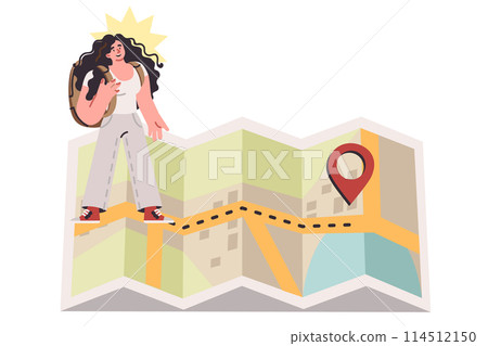 Woman stands on large paper map with route line, traveling with backpack on back 114512150