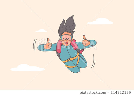 Woman parachutist flies in sky showing thumbs up, enjoying rush of adrenaline in body 114512159