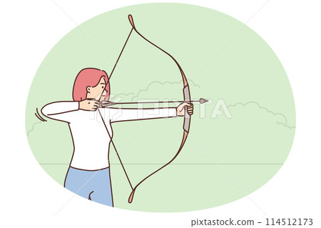 Young woman shoot with bow outdoors 114512173