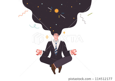 Meditating business man doing yoga thinking about space and trying to get signal from universe 114512177