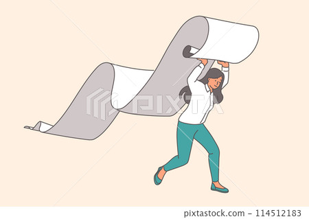 Woman lifts roll of check paper over head in preparation for counting expenses and budget Woman lifts roll of check paper over head in preparation for counting expenses and budget 114512183