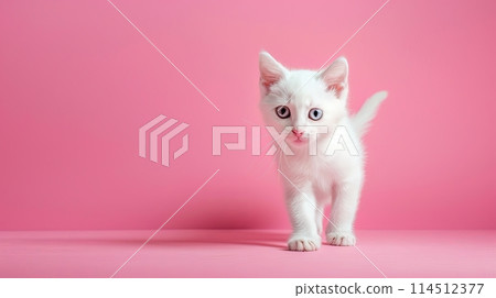 white beautiful kitten on a pink background 114512377