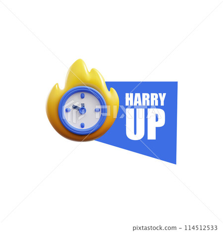 Burning stopwatch with harry up lettering realistic 3d vector icon, blue timer with fire flame, deadline time management 114512533