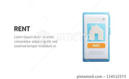 RENT advertising 3D vector banner design, home icon on mobile smartphone screen, online app or web real estate service 114512573