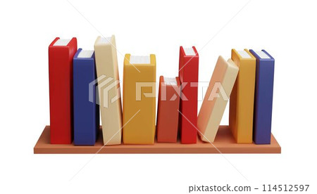 Stack of books row with colored cover on the shelf 3D vector, volumetric textbooks, literature, dictionaries, library 114512597