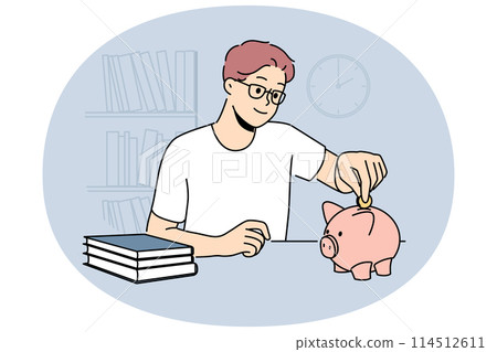 Man in glasses save money in piggybank 114512611