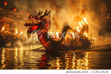 Majestic dragon boat with flames along its body, floating on tranquil waters at sunset, with silhouetted spectators. Majestic dragon boat with flames along its body, floating on tranquil waters at sunset, with silhouetted spectators. 114512626