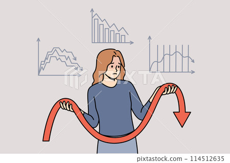 Unsuccessful investments cause negative emotions in woman standing among declining charts Unsuccessful investments cause negative emotions in woman standing among declining charts 114512635