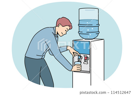 Man pouring water from cooler in office Man pouring water from cooler in office 114512647