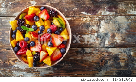 Vibrant mixed fruit salad served in a round bowl, showcasing an array of fresh strawberries, blueberries, kiwi, and oranges on a rustic wooden backdrop. Banner with copy space 114512648