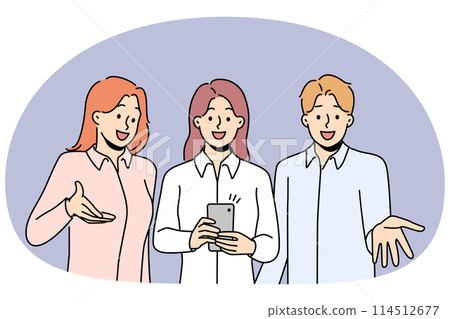 Smiling employees talk on webcam on cellphone Smiling employees talk on webcam on cellphone 114512677