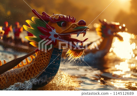 The golden hour illuminates a dragon boat race, with rowers in sync and water sparkling, capturing the spirit of this vibrant cultural event. Asian festival 114512689