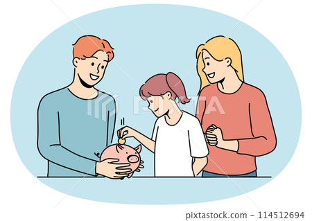Smiling parents teach child saving money 114512694