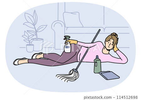 Tired lazy woman lying on floor while cleaning 114512698