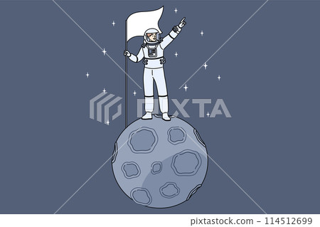 Man astronaut stands on miniature moon in space and holds flag pointing towards endless galaxy Man astronaut stands on miniature moon in space and holds flag pointing towards endless galaxy 114512699