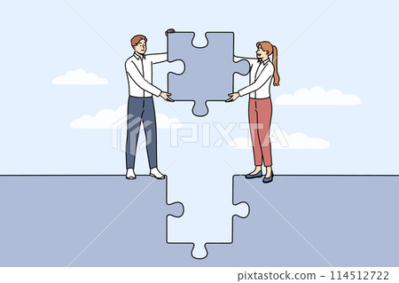 Business team working together jobs to build solid project and holding puzzle piece in hands 114512722