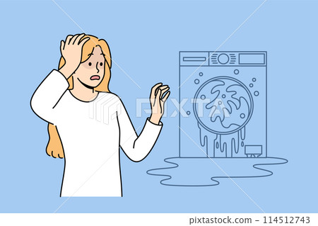 Broken washing machine shocks housewife who needs help of household appliance repairman Broken washing machine shocks housewife who needs help of household appliance repairman 114512743
