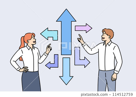 Business team looking for strategic path and solution to achieve success standing near arrows Business team looking for strategic path and solution to achieve success standing near arrows 114512759