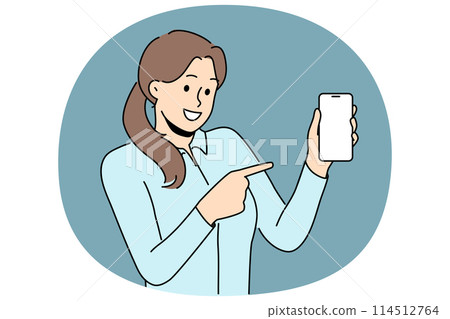 Smiling woman point at cellphone mockup screen 114512764
