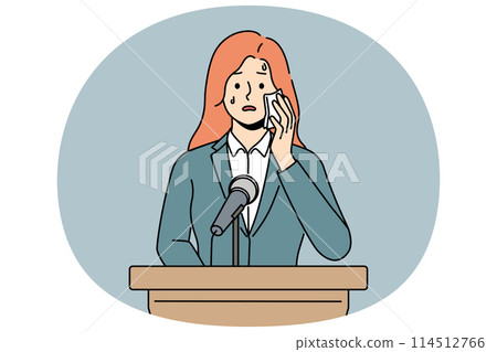 Anxious woman afraid of public speaking 114512766