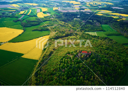 Old fortress surrounded by green forest, aerial view. Grodziec Castle, Poland Old fortress surrounded by green forest, aerial view. Grodziec Castle, Poland 114512840