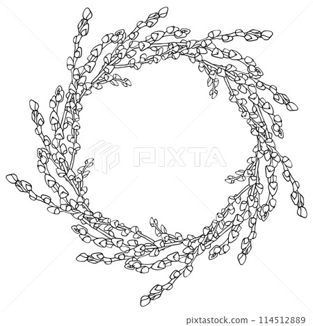 Easter catkins spring wreath. Willow ink hand drawn branch for design of card, invitations, coloring book, scrapbook.Vector isolate on white background. 114512889