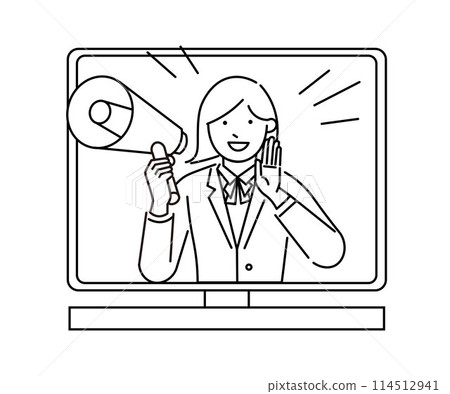 A woman holding a megaphone coming out of a computer screen - Cheering - Summer course - People black and white simple vector illustration material 114512941