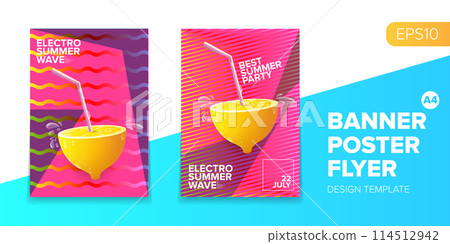 Vector electronic music summer party poster background Pink club party flyer or creative banner with abstract waves and fresh lemon. Hello summer party design template 114512942