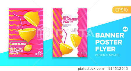 Vector electronic music summer party poster background Pink club party flyer or creative banner with abstract waves and fresh lemon. Hello summer party design template Vector electronic music summer party poster background Pink club party flyer or creative banner with abstract waves and fresh lemon. Hello summer party design template 114512943