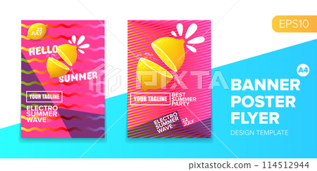 Vector electronic music summer party poster background Pink club party flyer or creative banner with abstract waves and fresh lemon. Hello summer party design template 114512944