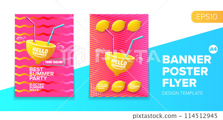 Vector electronic music summer party poster background Pink club party flyer or creative banner with abstract waves and fresh lemon. Hello summer party design template 114512945