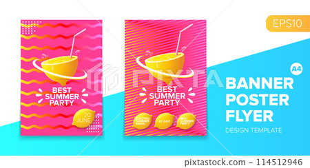 Vector electronic music summer party poster background Pink club party flyer or creative banner with abstract waves and fresh lemon. Hello summer party design template 114512946