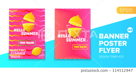 Vector electronic music summer party poster background Pink club party flyer or creative banner with abstract waves and fresh lemon. Hello summer party design template 114512947