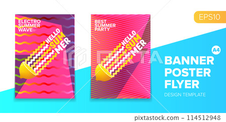 Vector electronic music summer party poster background Pink club party flyer or creative banner with abstract waves and fresh lemon. Hello summer party design template 114512948