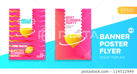 Vector electronic music summer party poster background Pink club party flyer or creative banner with abstract waves and fresh lemon. Hello summer party design template 114512949