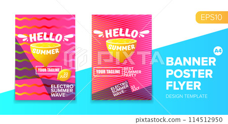 Vector electronic music summer party poster background Pink club party flyer or creative banner with abstract waves and fresh lemon. Hello summer party design template Vector electronic music summer party poster background Pink club party flyer or creative banner with abstract waves and fresh lemon. Hello summer party design template 114512950
