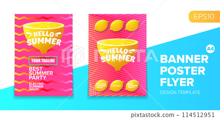 Vector electronic music summer party poster background Pink club party flyer or creative banner with abstract waves and fresh lemon. Hello summer party design template 114512951